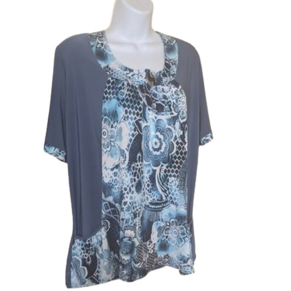 Blue Layered Look Short Sleeve Top Size 2X - Picture 2 of 5